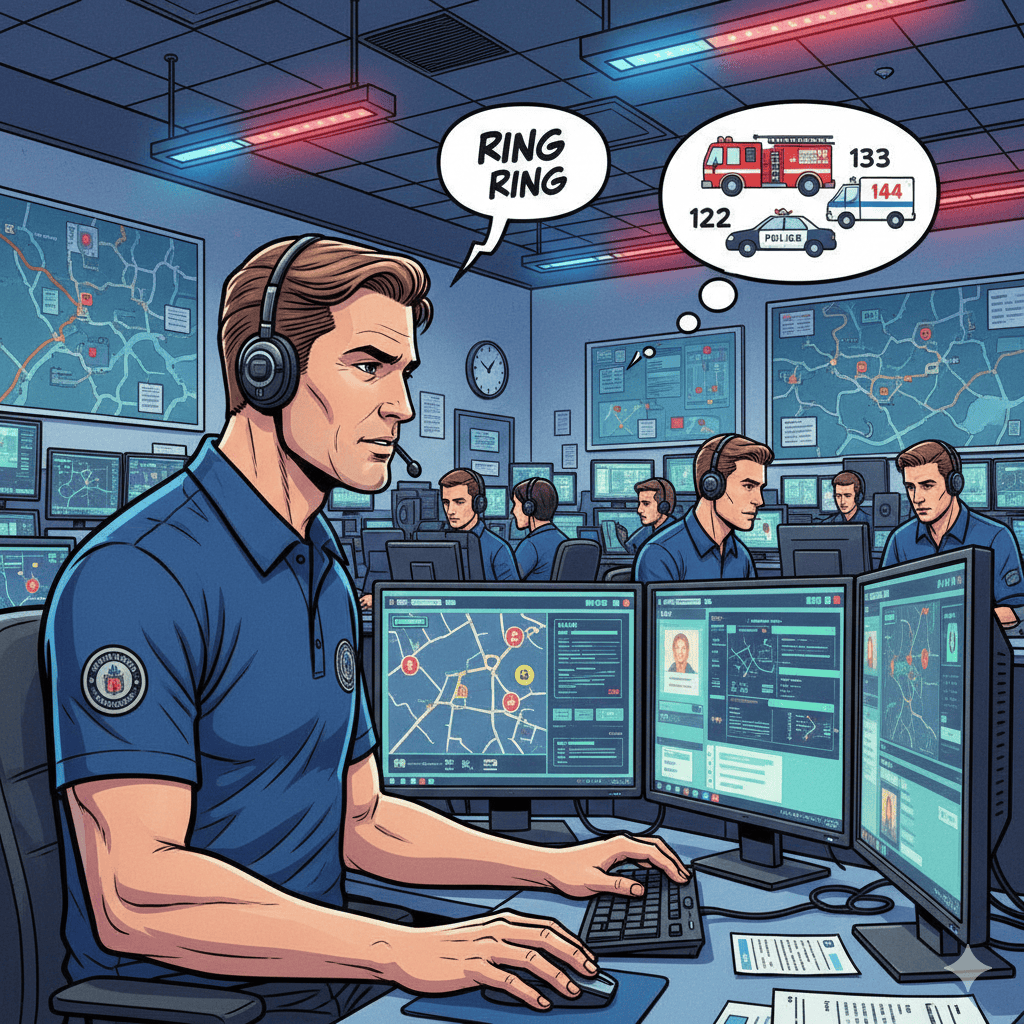 Das Bild zeigt einen Notrufdisponenten im Comic-Style