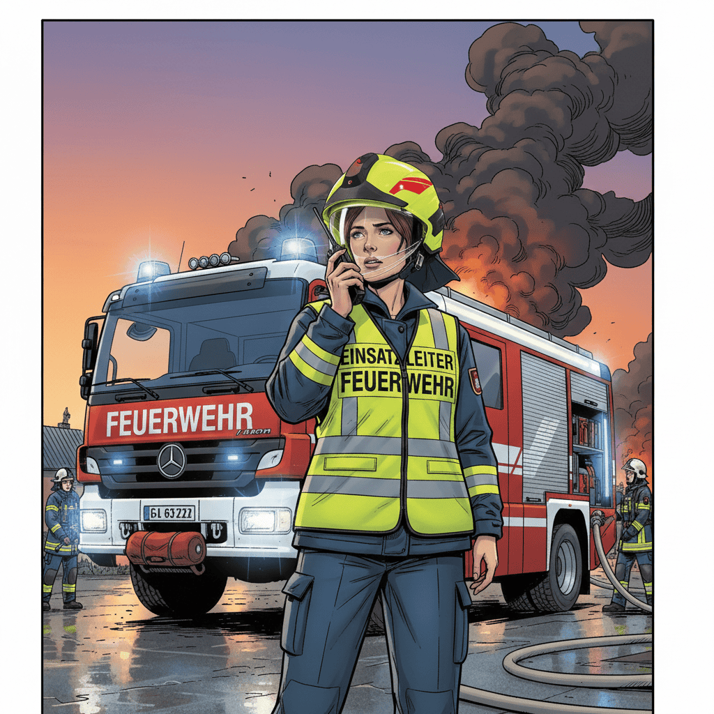 Das Bild zeigt eine Einsatzleiterin vor einem Feuerwehrfahrzeug im Comic-Style