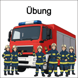 Titelbild zeigt Feuerwehrleute vor einem Feuerwehrauto im Comic-Stil. Der Text "Übung" steht darüber.