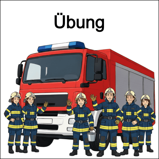Titelbild zeigt Feuerwehrleute vor einem Feuerwehrauto im Comic-Stil. Der Text "Übung" steht darüber.
